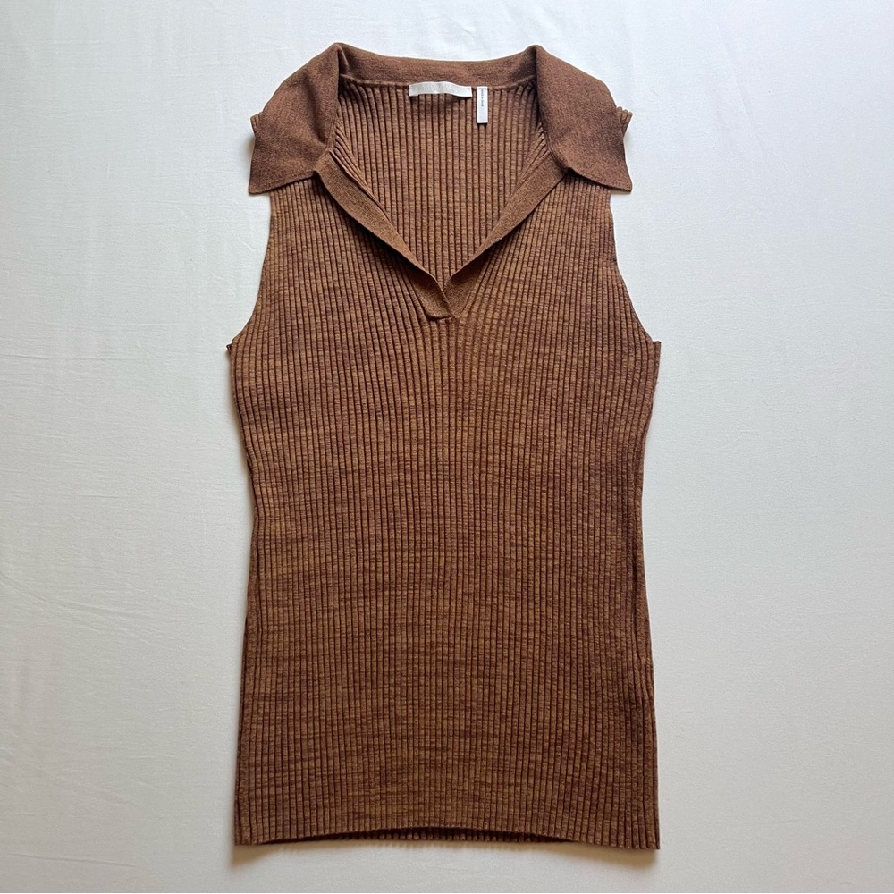 HELMUT LANG Brown space dye chunky‎ knit polo sleeveless tank top